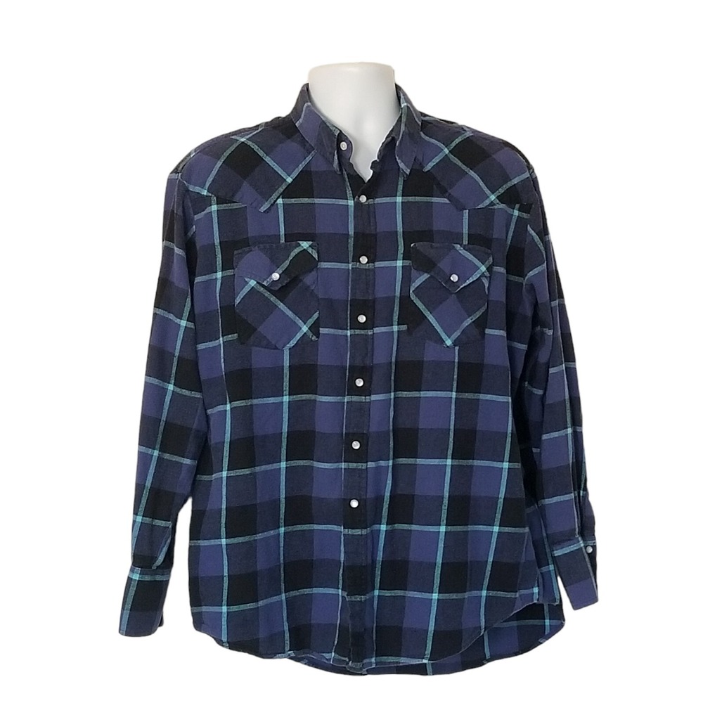 Ely Cattleman Shirt Vintage Mens XL Western Flannel  Pearl Snap Long Sleeve Blue
